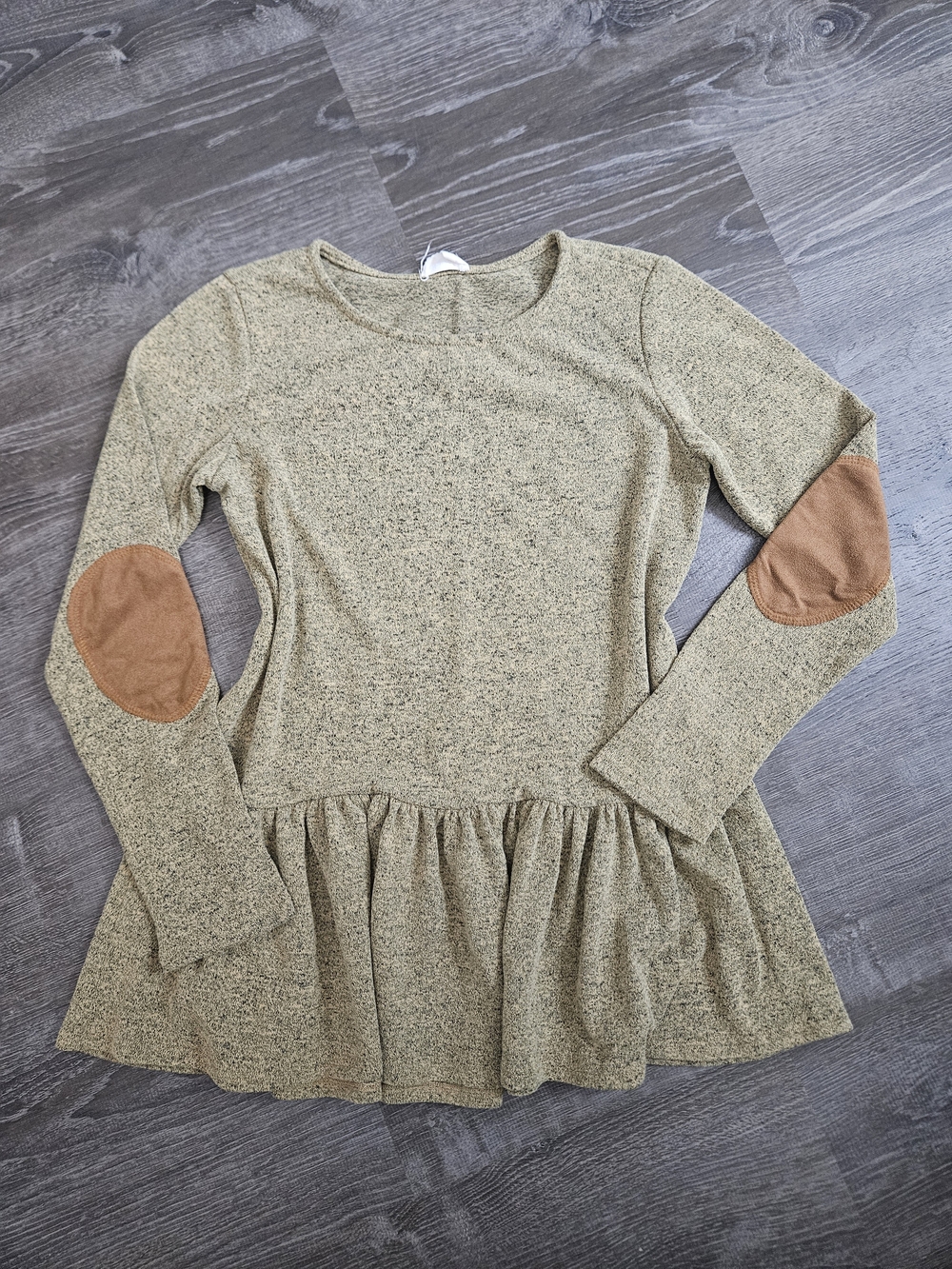 143 Story Olive Heathered Peplum Tunic Sweater Faux Suede Elbow Patches S